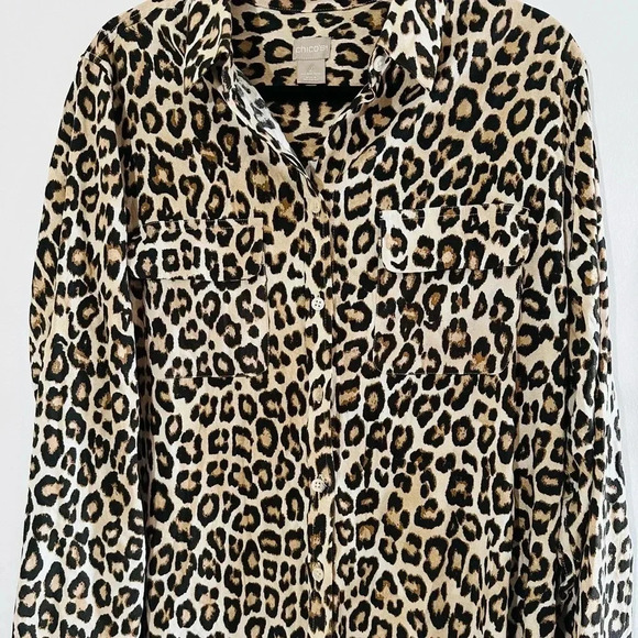 Chico’s leopard print button down long sleeve blouse size 2 12/14 - Picture 4 of 12
